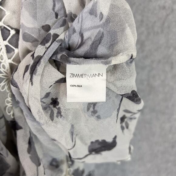Zimmermann White Grey Floral Havoc Picot Silk Long Sleeve Blouse Size 3 - Picture 9 of 9